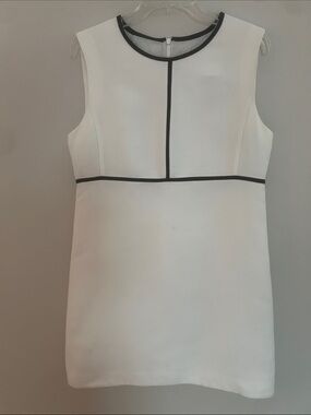 ’S MaxMara Linen Cotton Silk Shift Dress White Black Trim Sleeveless US 10